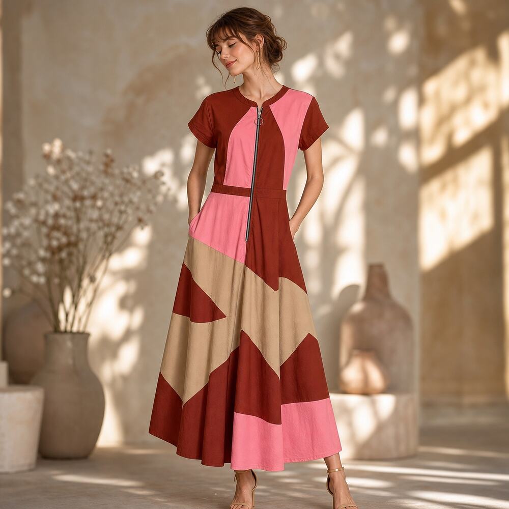 Zapelle Colorblock Patchwork Maxi Dress L 12 Rust Pink Dopamine Mod Artsy Boho